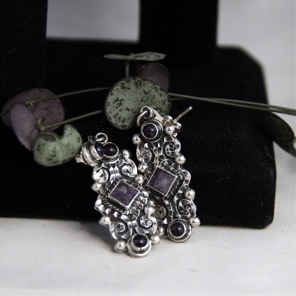 Vintage Mexico 925 Sterling Silver Amethyst Filigree Scroll Drop Earrings